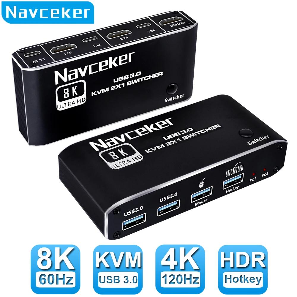 Navceker 8K KVM ġ, HDMI ȣȯ, 4K 120Hz, 2 Ʈ, HD KVM ó ڽ, USB   Ű  콺  PC